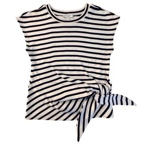 Ann Taylor Wknd Navy White Stripe SideTie Cotton Knit Top Cap Sleeve SM Coastal